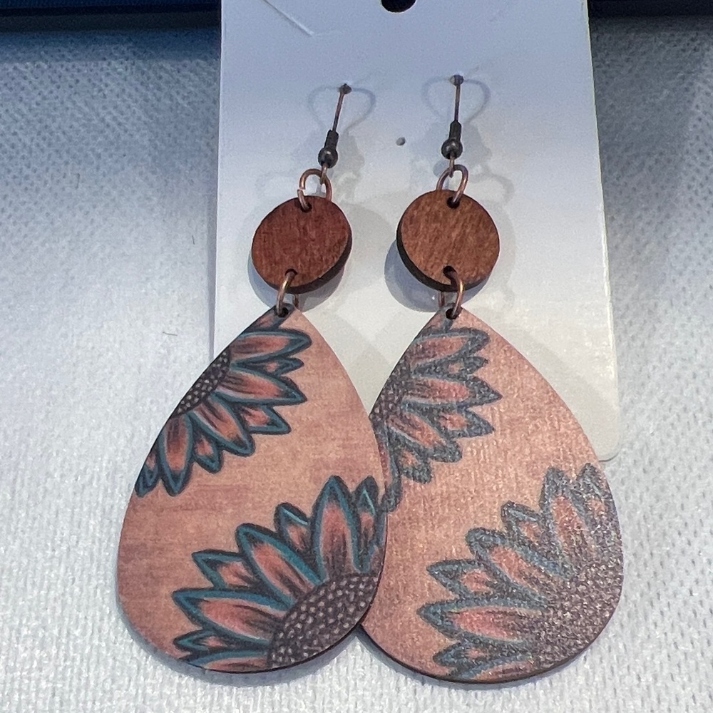 Floral Wooden Teardrop Earrings